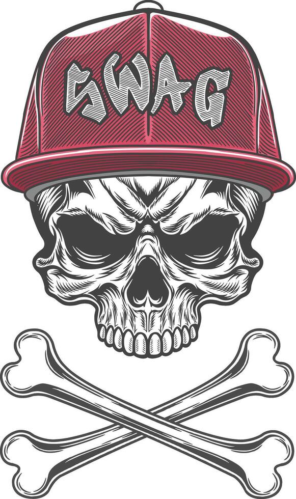 Skull with a red cap and bones illustration vector