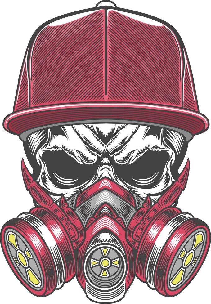Skull wearing gas mask and cap vector