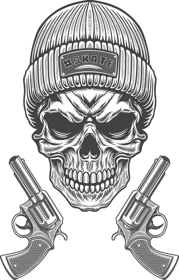 Skull with guns and hat illustration vector