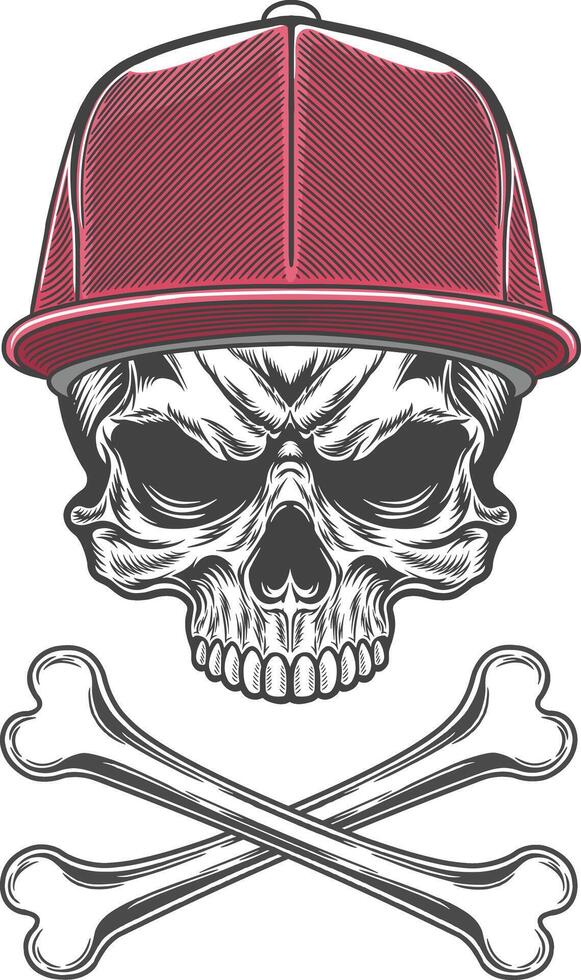Skull with baseball cap and crossbones illustration vector