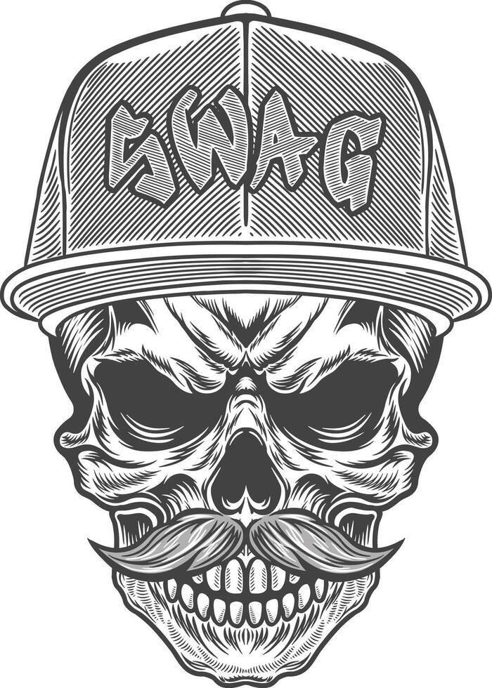 Skull with a cap and mustache in a hip hop style vector
