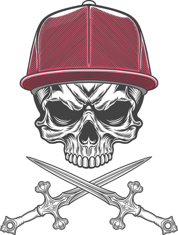 Skull with baseball cap and two swords vector