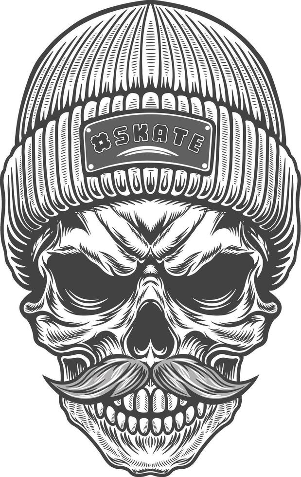 Skull with a hat and mustache illustration vector