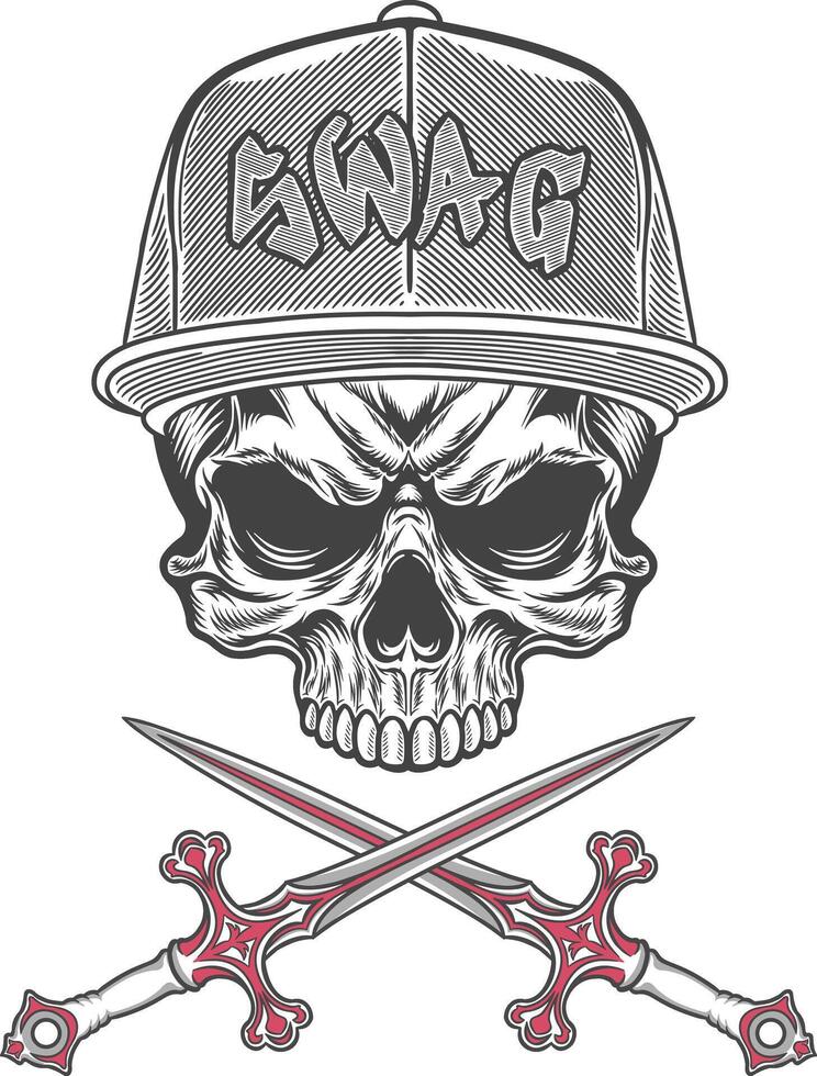 Skull with two crossed swords and a cap vector
