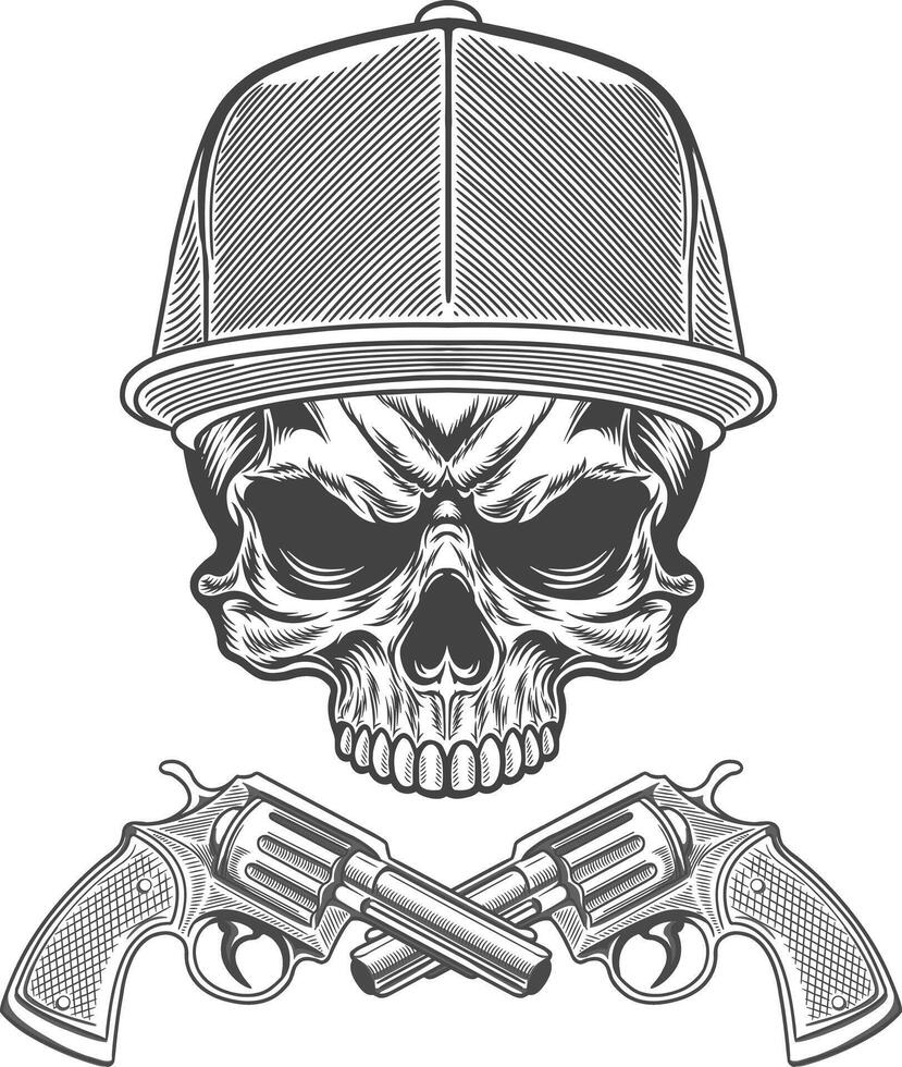 Skull with guns and hat on white background vector