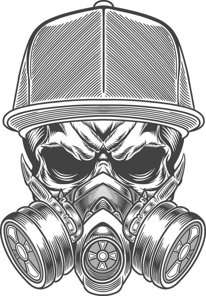 Skull in gas mask with hat and sunglasses vector