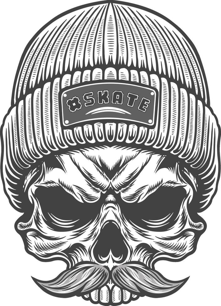 Skull with a hat and mustache in a vintage style vector