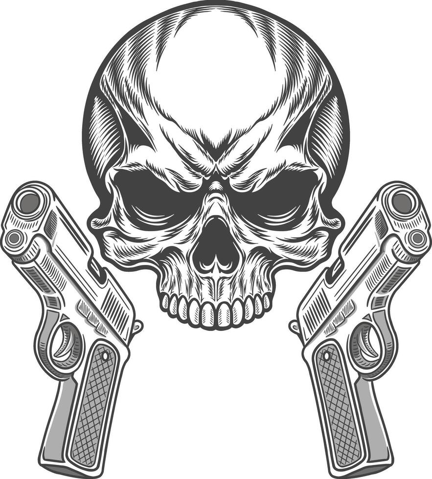 Two guns and a skull with two pistols vector