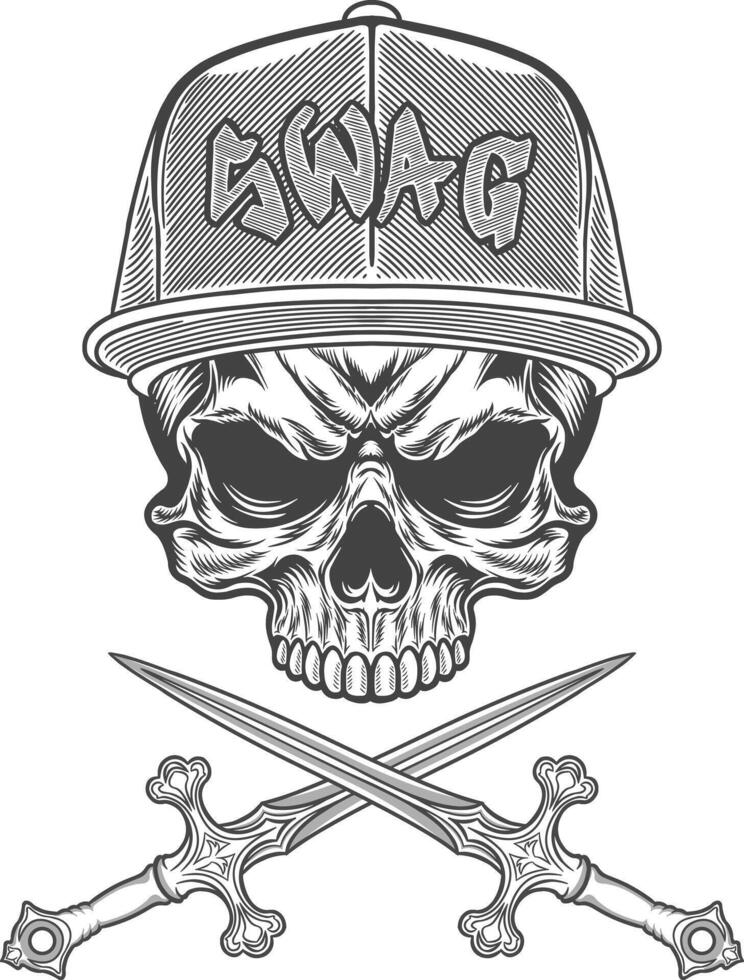 Skull with baseball cap and crossed swords illustration vector