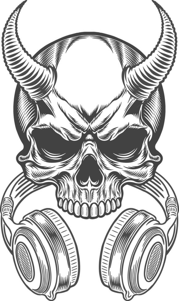 Skull with headphones and horns in a vintage style vector