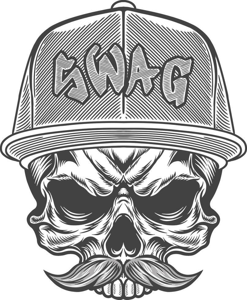 Skull with a cap and mustache in a vintage style vector