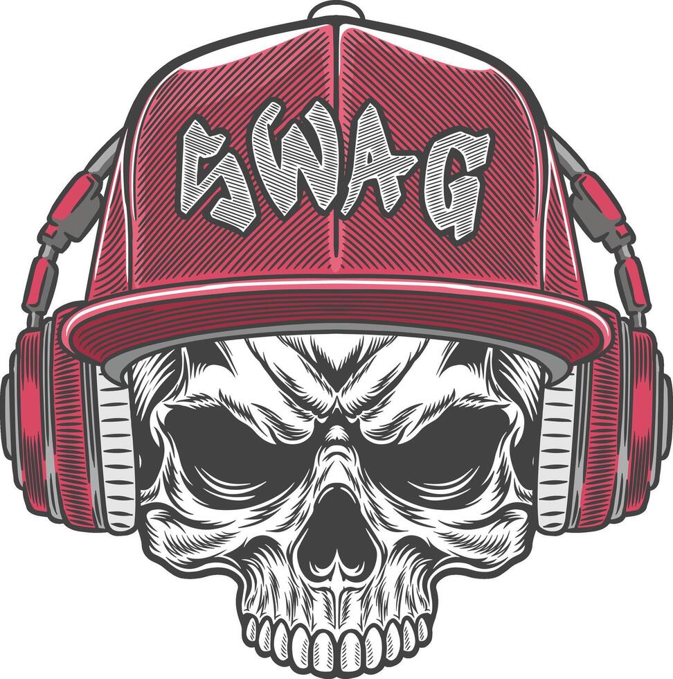 Skull with headphones and hat on white background vector