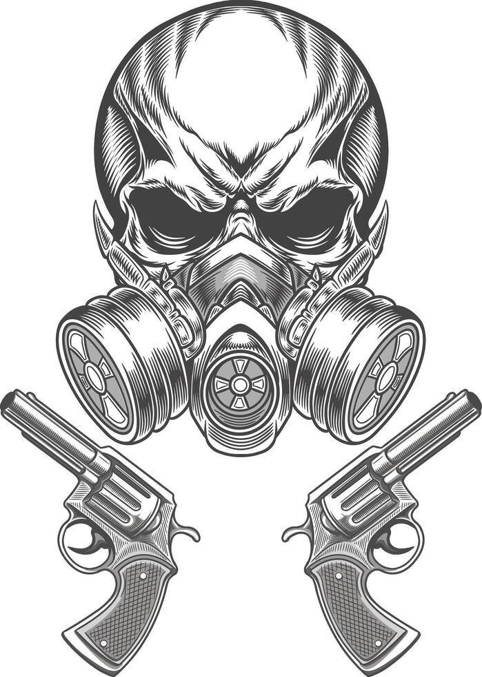 Skull with guns and gas mask on white background vector