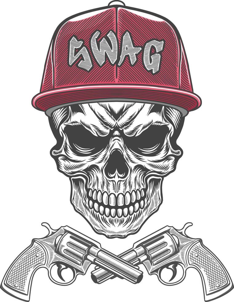 Skull with two guns and a cap on a white background vector