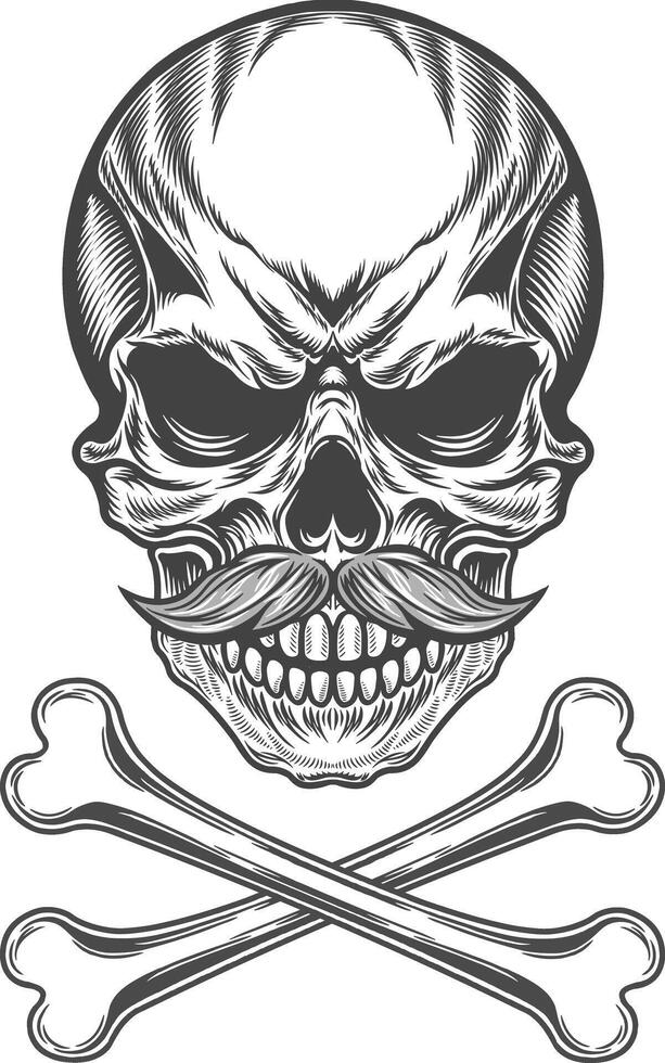 Skull with mustache and bones illustration vector