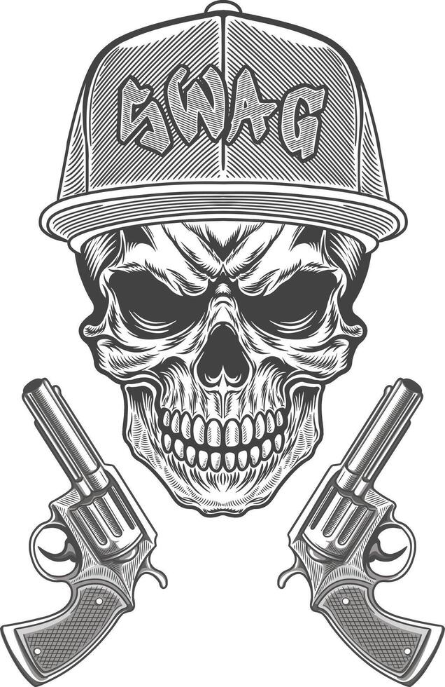 Skull with guns and cap in a gangster style vector