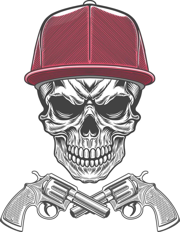 Skull with guns and baseball cap vector