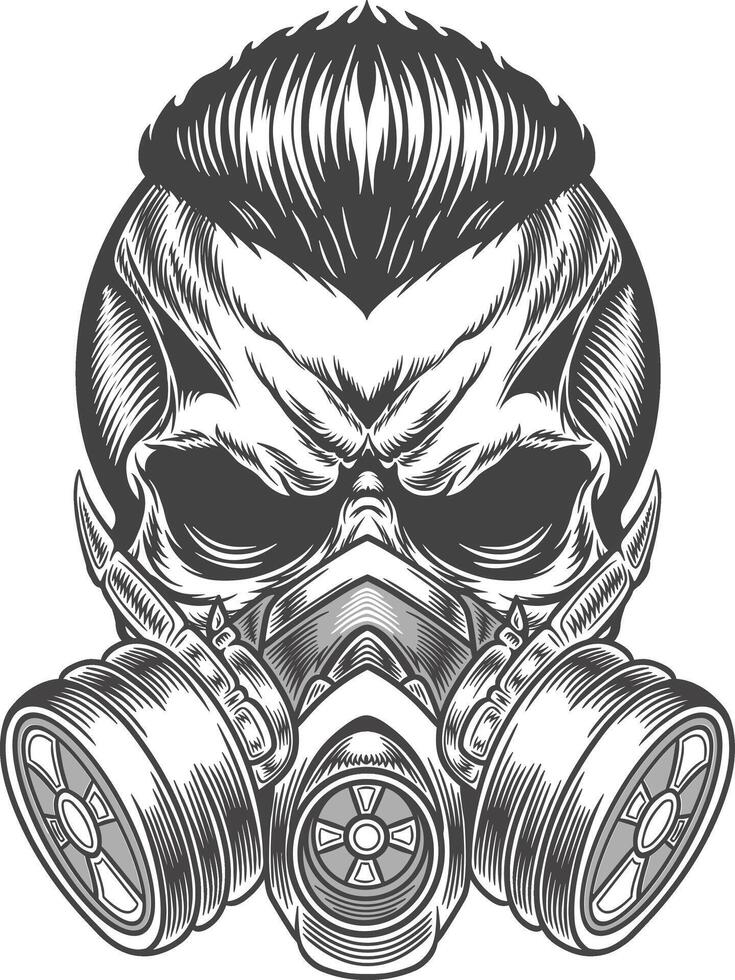 Skull with gas mask and hair in a vintage style vector