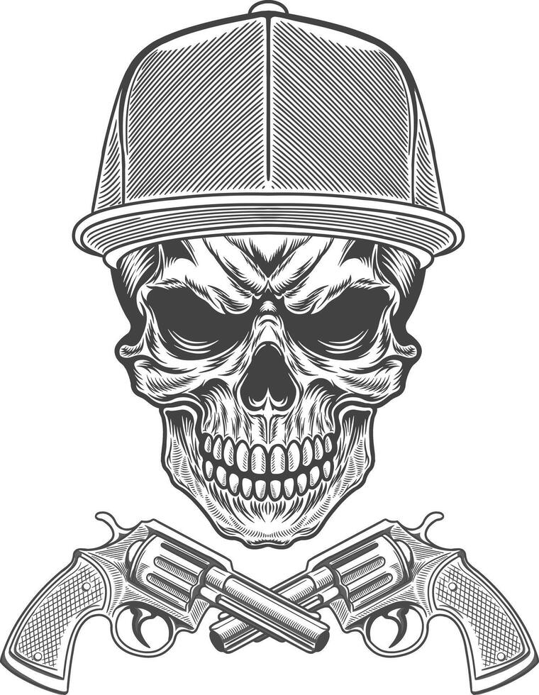 Skull with guns and hat in a baseball cap vector