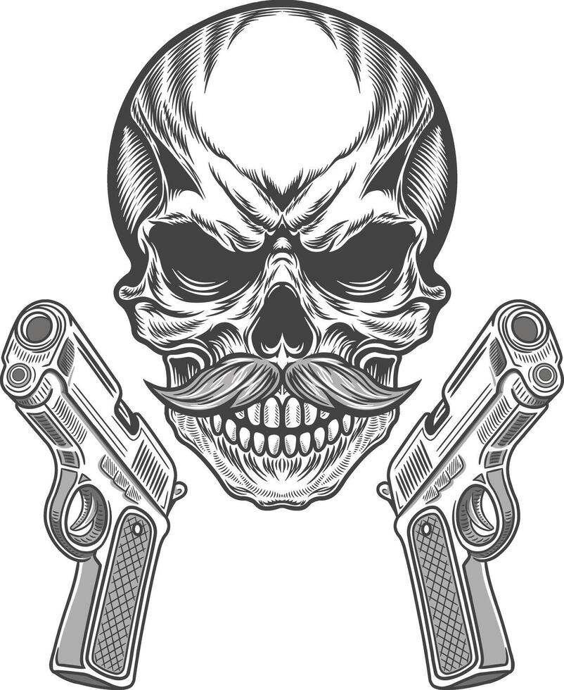 Skull with guns and mustache on white background vector