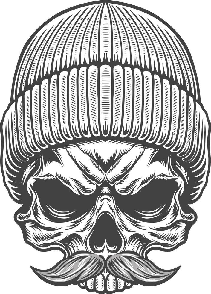Skull in a knitted hat with mustache illustration vector