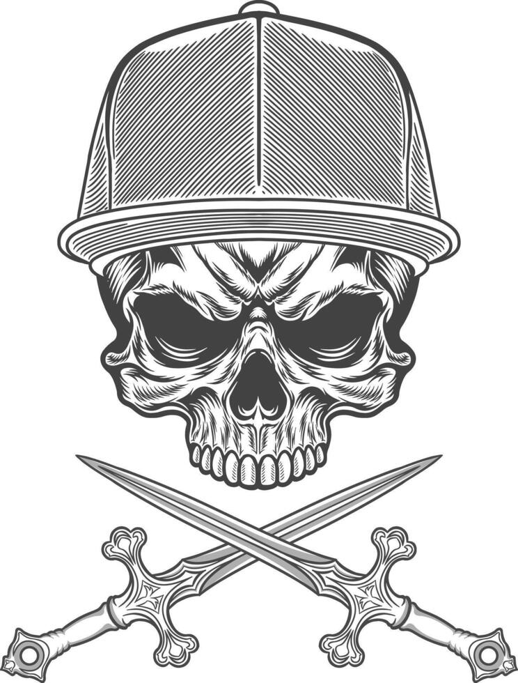 Skull with hat and two swords vector