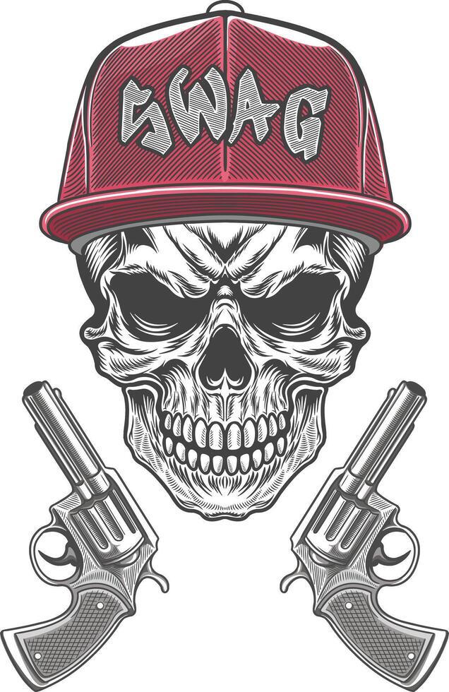 Skull with guns and cap on white background vector