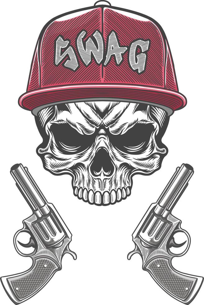 Skull with guns and cap in gangster style vector