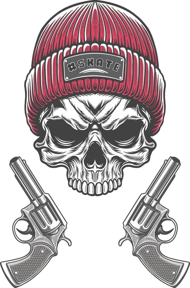 Skull with guns and hat vector