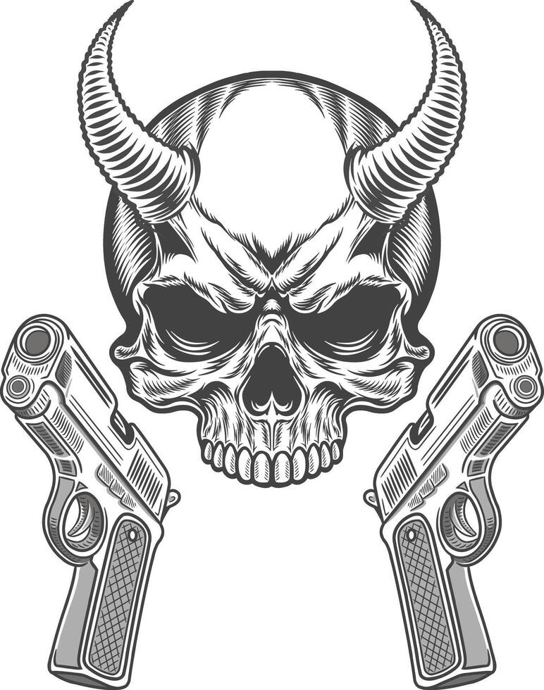 A skull with horns and two guns vector
