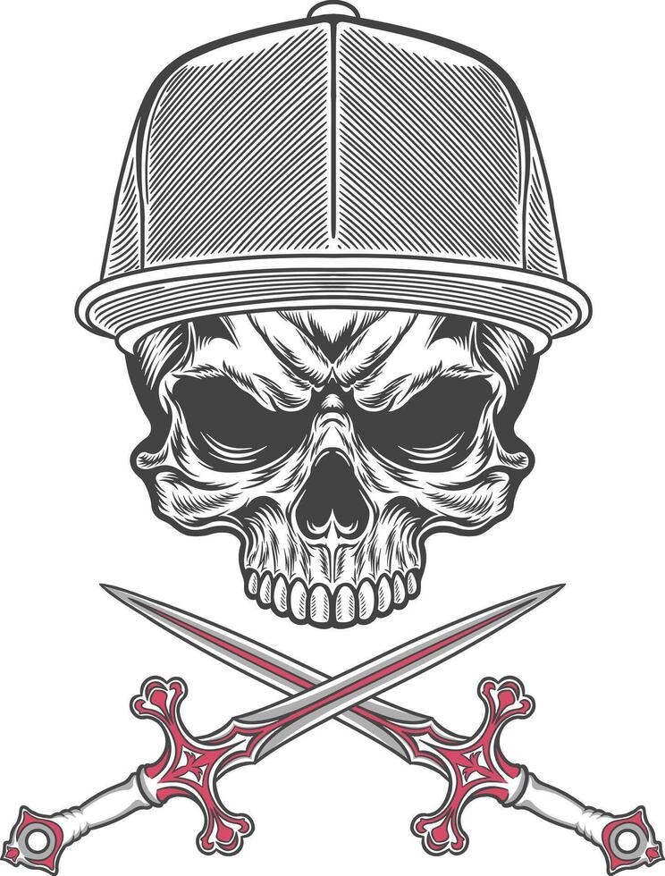 Skull with baseball cap and two swords illustration vector