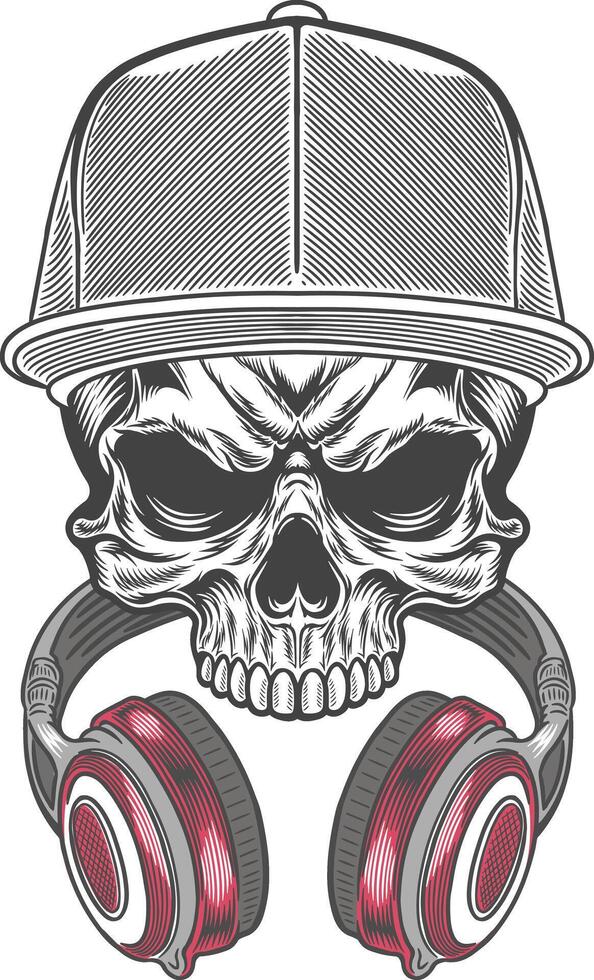 Skull with headphones and hat vector