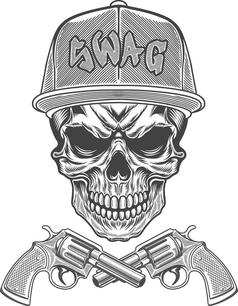 Skull with two guns and a cap in a hip hop style vector