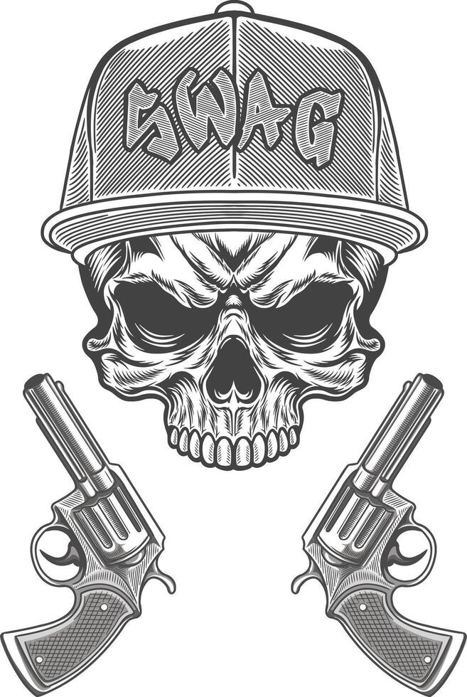 Skull with guns and cap in a gang style vector