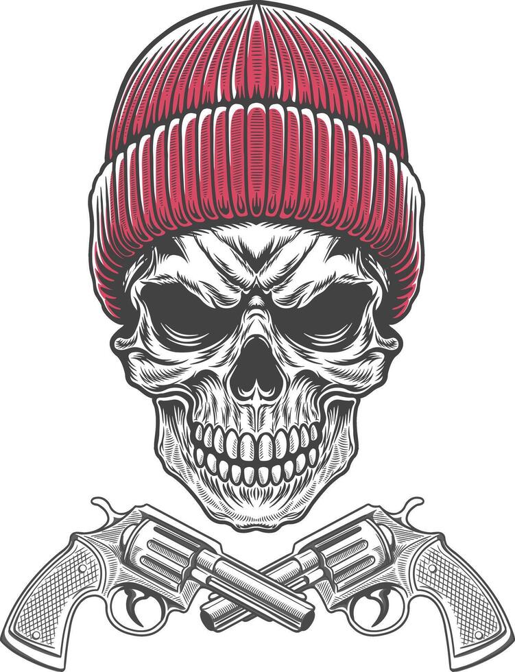 Skull with guns and knitted hat vector