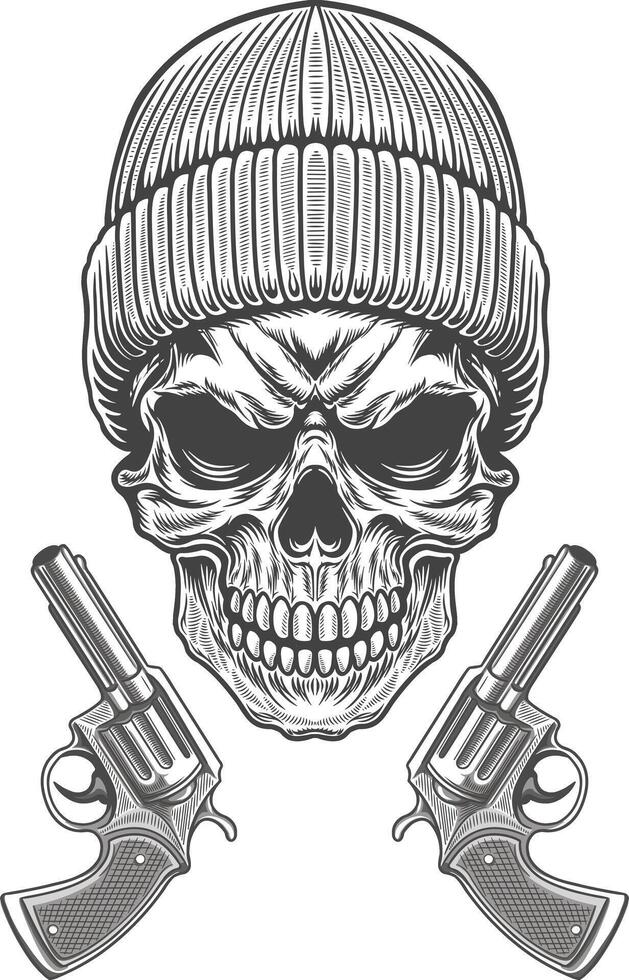 Skull with guns and knitted cap illustration vector