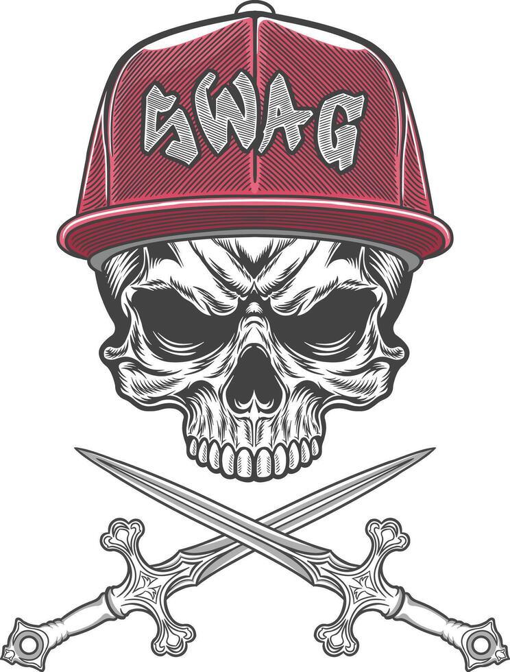 Skull with two crossed swords and a red cap vector