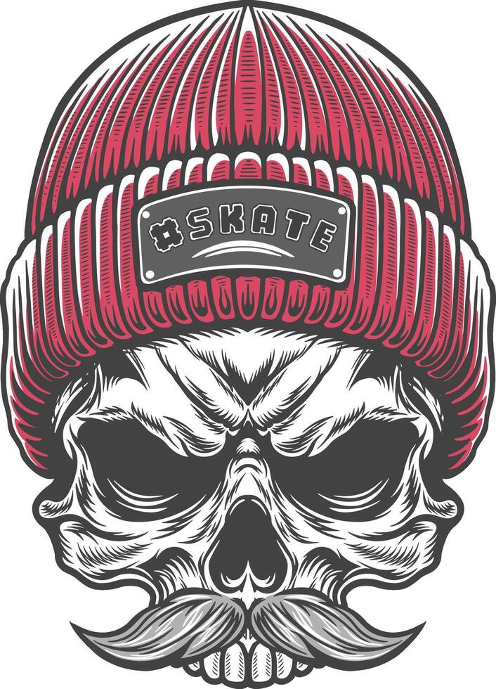 Skull with a mustache and hat in a red beanie vector