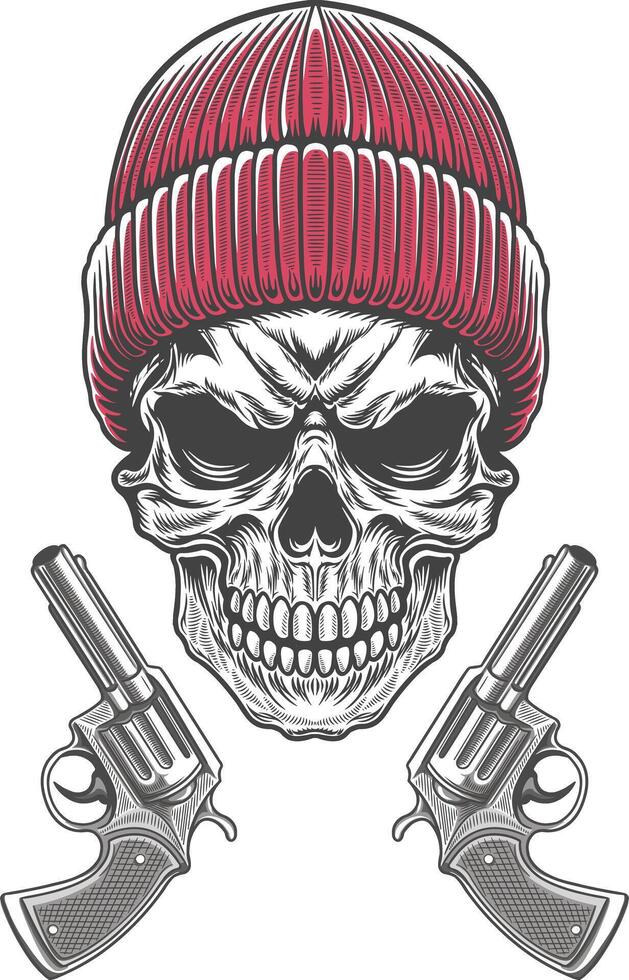 Skull with guns and knitted cap vector