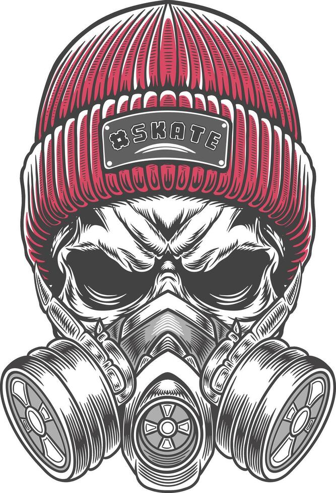 Skateboarder skull in a gas mask illustration vector