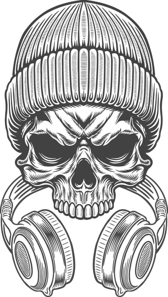 Skull in a knitted cap with headphones vector