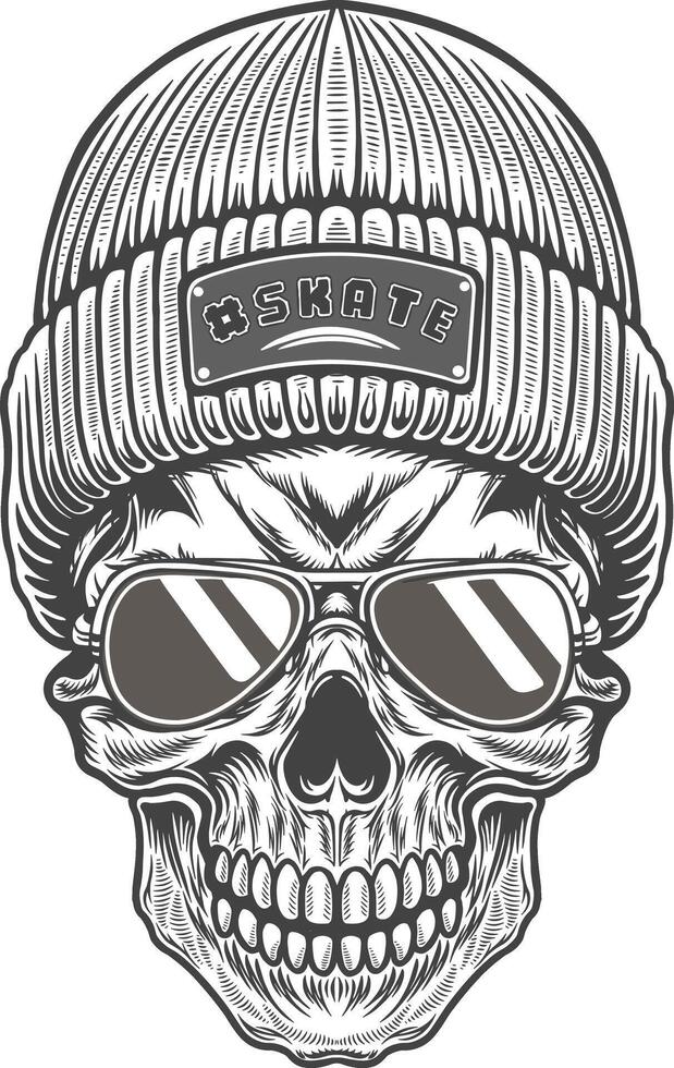 Skull wearing a beanie and sunglasses illustration vector