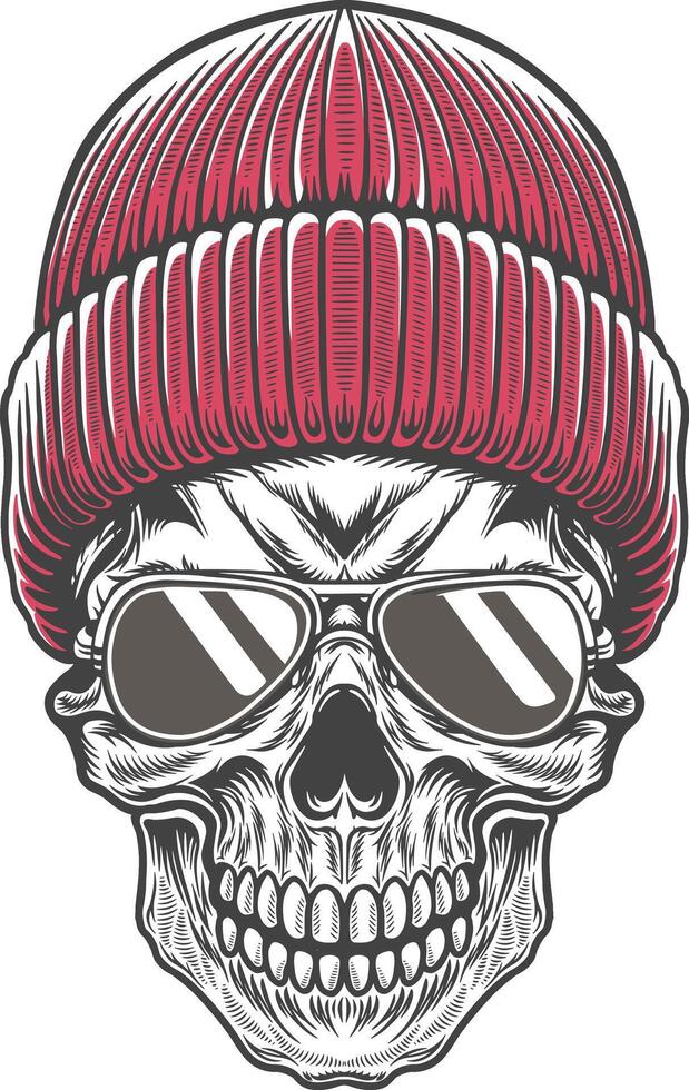 Skull wearing a red knitted hat and sunglasses vector