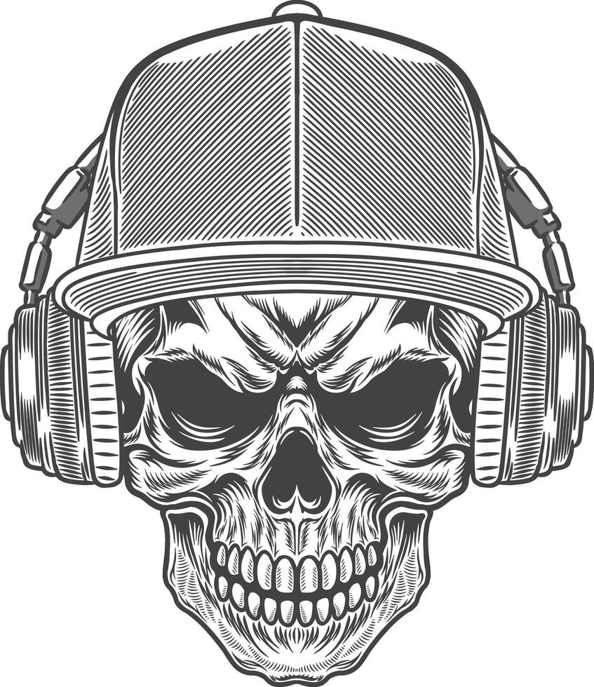 Skull with headphones and hat in black and white monochrome illustration artwork vector