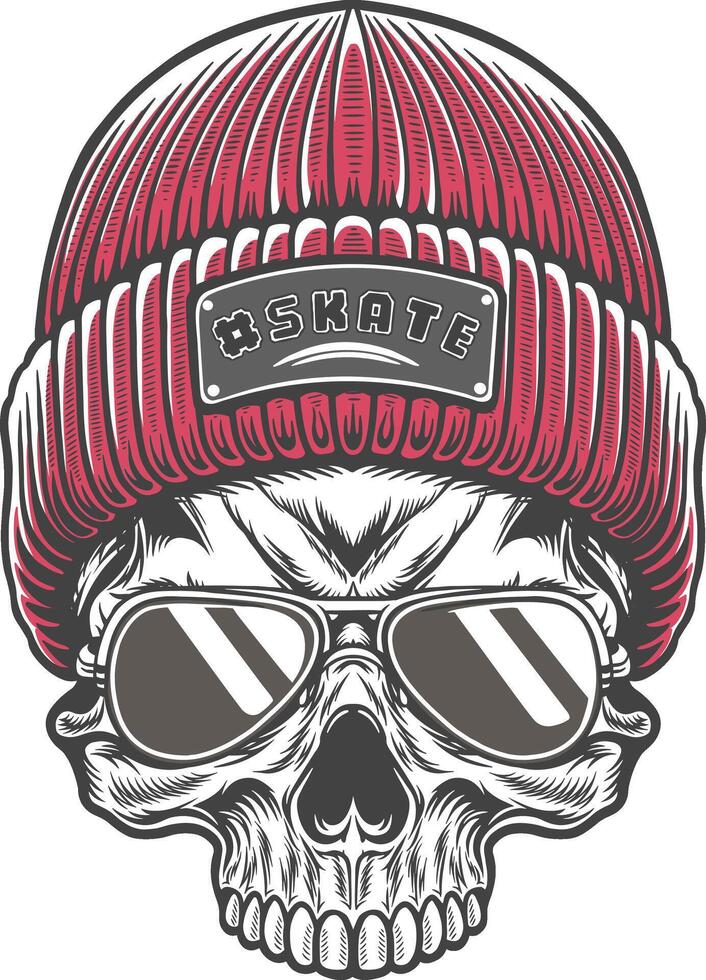 Skull wearing a red beanie and sunglasses vector