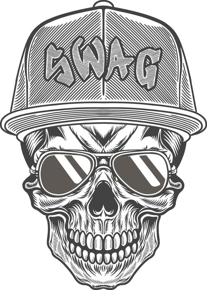 Skull wearing a cap and sunglasses with the word swag vector