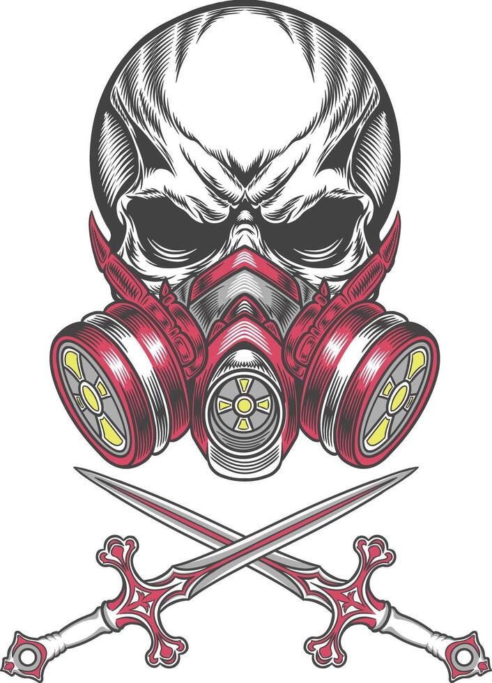 Skull with gas mask and two swords vector