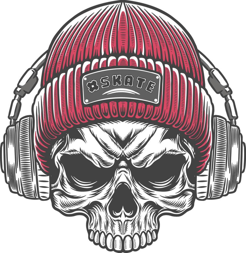 Skull wearing headphones and hat illustration vector