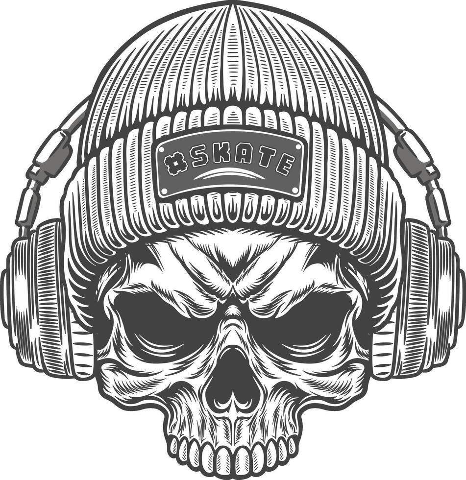 Skull in a beanie with headphones illustration vector