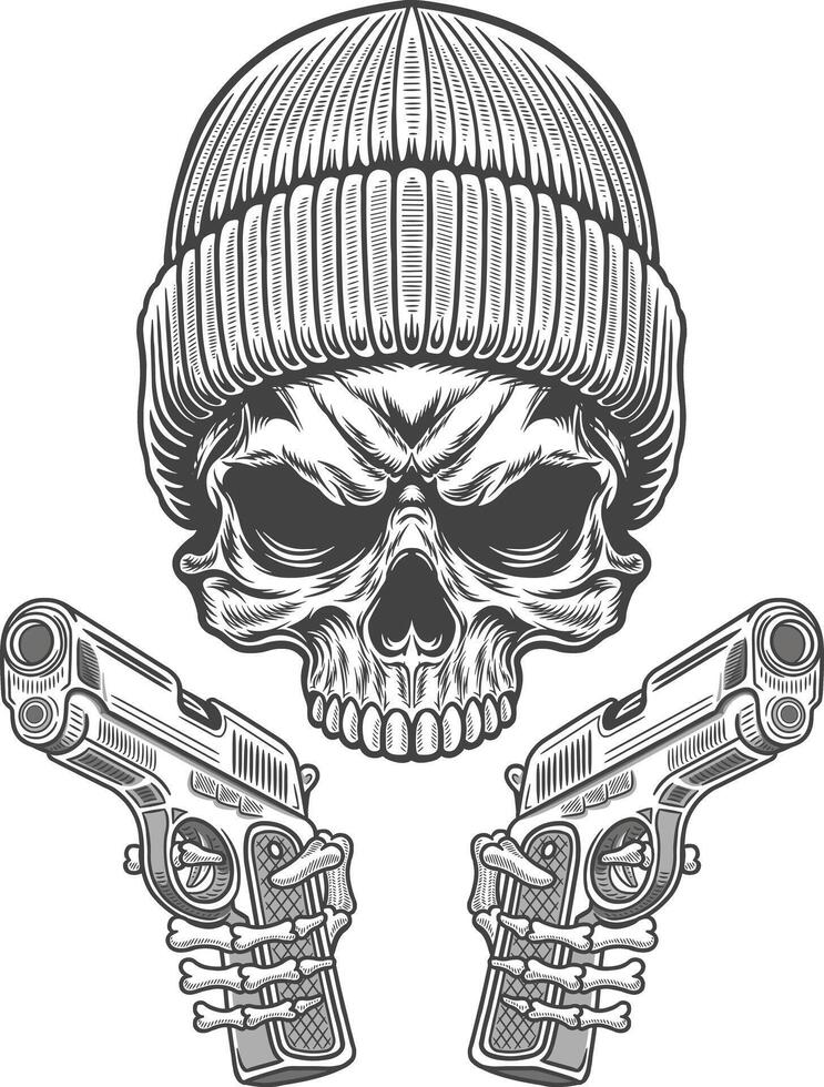 Skull with guns and hat in vintage style vector